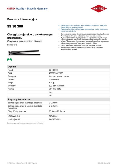 OBCĘGI ZBROJARSKIE O ZWIĘKSZONYM PRZEŁOŻENIU 300MM KNIPEX OBCĘGI ZBROJARSKIE O ZWIĘKSZONYM PRZEŁOŻENIU 300MM KNIPEX