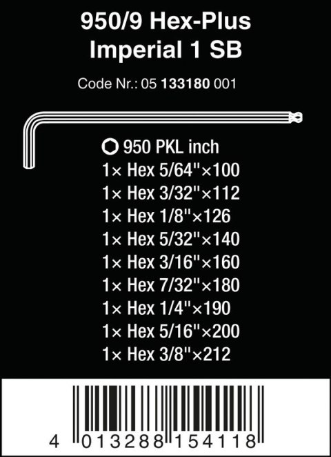 ZESTAW KLUCZY TRZPIENIOWYCH IMPERIAL Z KULKĄ HEX PLUS 9 CZ, WERA ZESTAW KLUCZY TRZPIENIOWYCH IMPERIAL Z KULKĄ HEX PLUS 9 CZ, WERA