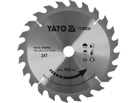 TARCZA WIDIOWA DO DREWNA 190-24TX 20MM YATO TARCZA WIDIOWA DO DREWNA 190-24TX 20MM YATO