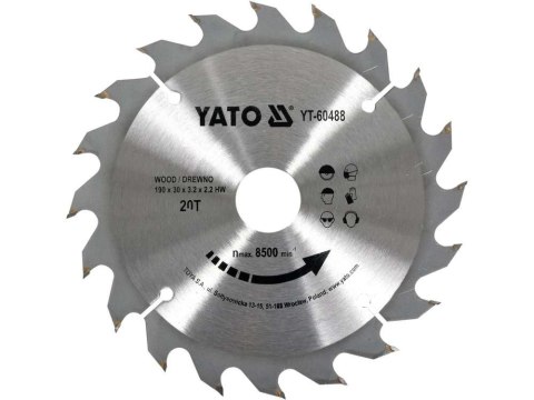 TARCZA WIDIOWA DO DREWNA 190*20T*30MM YATO TARCZA WIDIOWA DO DREWNA 190*20T*30MM YATO