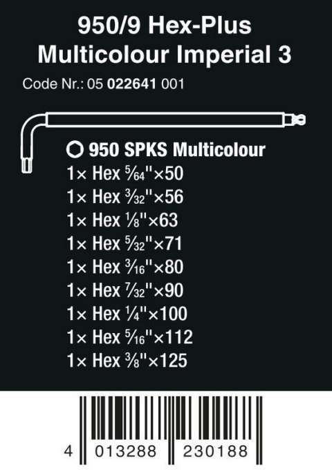 ZESTAW KLUCZY TRZPIENIOWYCH 950/9 HEX-PLUS MULTICOLOU 9CZR WERA ZESTAW KLUCZY TRZPIENIOWYCH 950/9 HEX-PLUS MULTICOLOU 9CZR WERA
