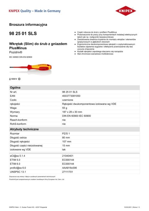 WKRĘTAK POZIDRIV SLIM IZOLACJĄ 80 MM PZ1 KNIPEX WKRĘTAK POZIDRIV SLIM IZOLACJĄ 80 MM PZ1 KNIPEX