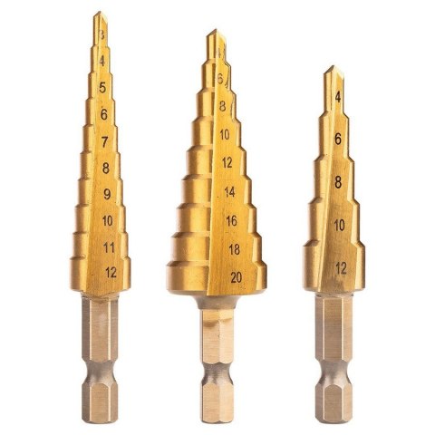 ZESTAW WIERTEŁ STOPNIOWYCH HSS TIN 3-20 MM HEX 3 SZT. NEO ZESTAW WIERTEŁ STOPNIOWYCH HSS TIN 3-20 MM HEX 3 SZT. NEO
