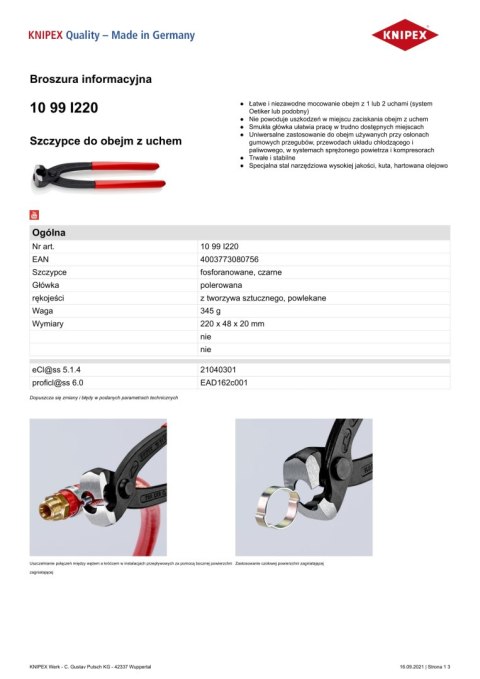 SZCZYPCE DO MONTAŻU OPASEK ZACISKOWYCH OETIKER 220MM KNIPEX