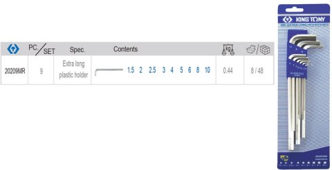 KOMPLET KLUCZY IMBUSOWYCH ''HEX'' TYP L 1.5-10MM EXTRA DŁUGI KING TONY