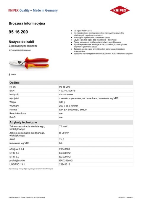 NOŻYCE DO KABLI IZOLOWANE PODWÓJNE OSTRZE 200MM KNIPEX