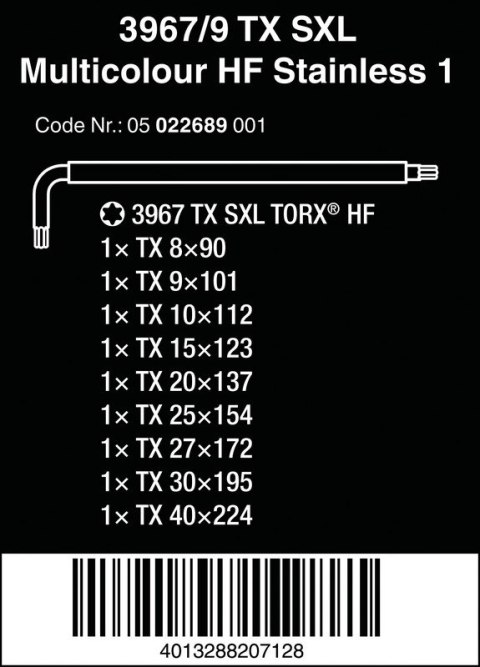 ZESTAW KLUCZY TRZPIENIOWYCH TORX 3967/9 TX SXL MULTICOLOUR WERA