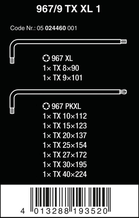 ZESTAW KLUCZY TRZPIENIOWYCH TORX, DŁUGICH, 9CZĘŚĆ WERA