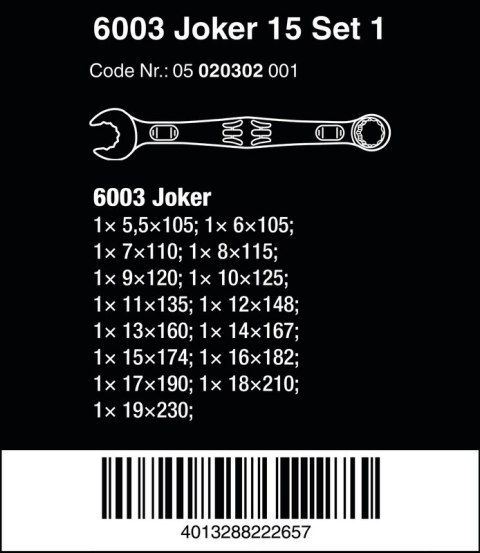 ZESTAW KLUCZY PŁASKO-OCZKOWYCH 6003 JOKER 15SZT. WERA