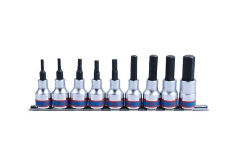 ZESTAW NASADEK Z KOŃCÓWKĄ HEX 1/2'' NA SZYNIE, 4-17MM, 9CZ. KING TONY