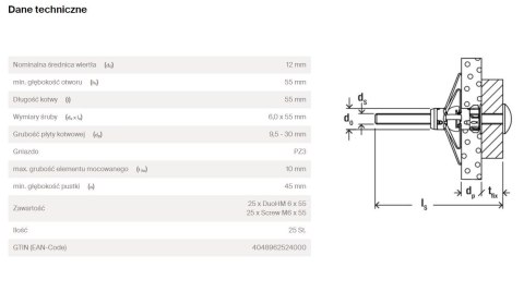 KOŁEK DUOHM 12*55 S, ŚRUBA Z ŁBEM SOCZEWKOWYM FISCHER