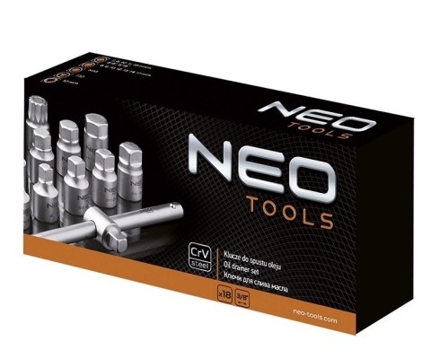 KLUCZE DO SPUSTU OLEJU 3/8 ZESTAW 18 SZT. NEO