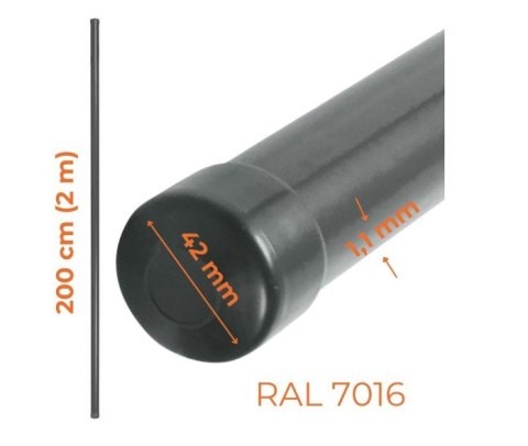 SŁUPEK OGRODZENIOWY RURA FI 42MM 1.1MM 2M ANTRACYT RAL 7016 UN