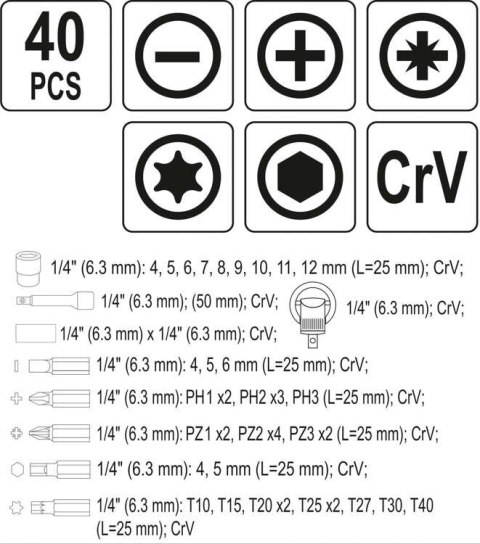 ZESTAW KOŃCÓWEK ŚRUBOKRĘTOWYCH I NASADEK 40 SZT. YATO